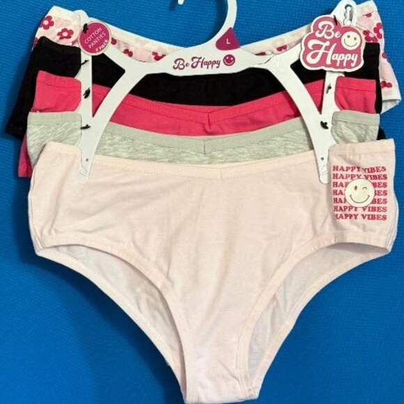 BRAND NEW ~ NWT $40.00 ~ BE HAPPY 5 PACK COTTON UNDIES / PANTIES SIZE L / LARGE - Picture 1 of 15